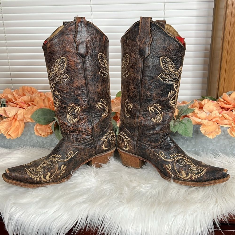 CIRCLE G WOMEN'S DISTRESSED BONE DRAGONFLY EMBROIDERED BOOTS - SNIP TOE Size 10 - Picture 4 of 14